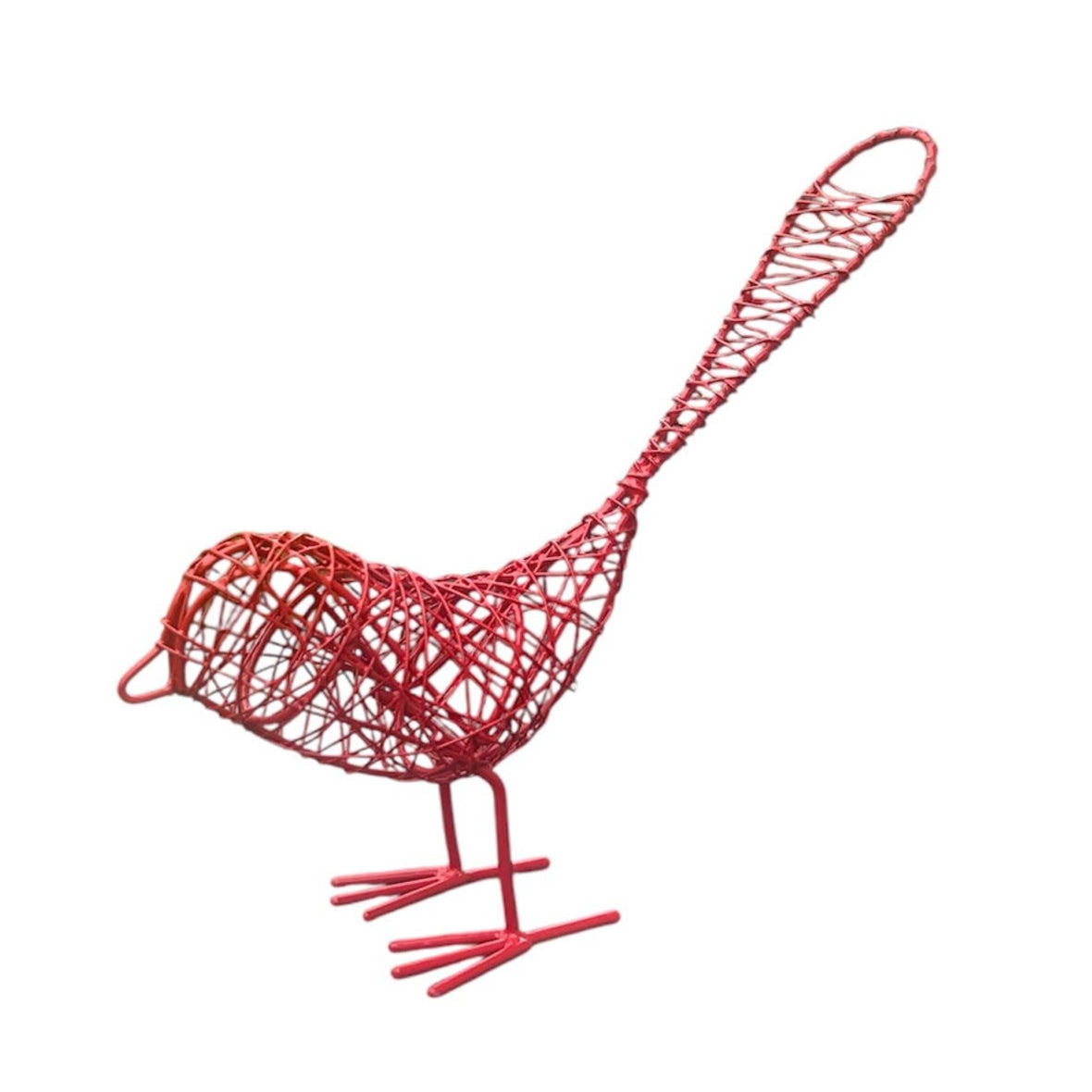 Rust-colored wire bird sculpture on a white background