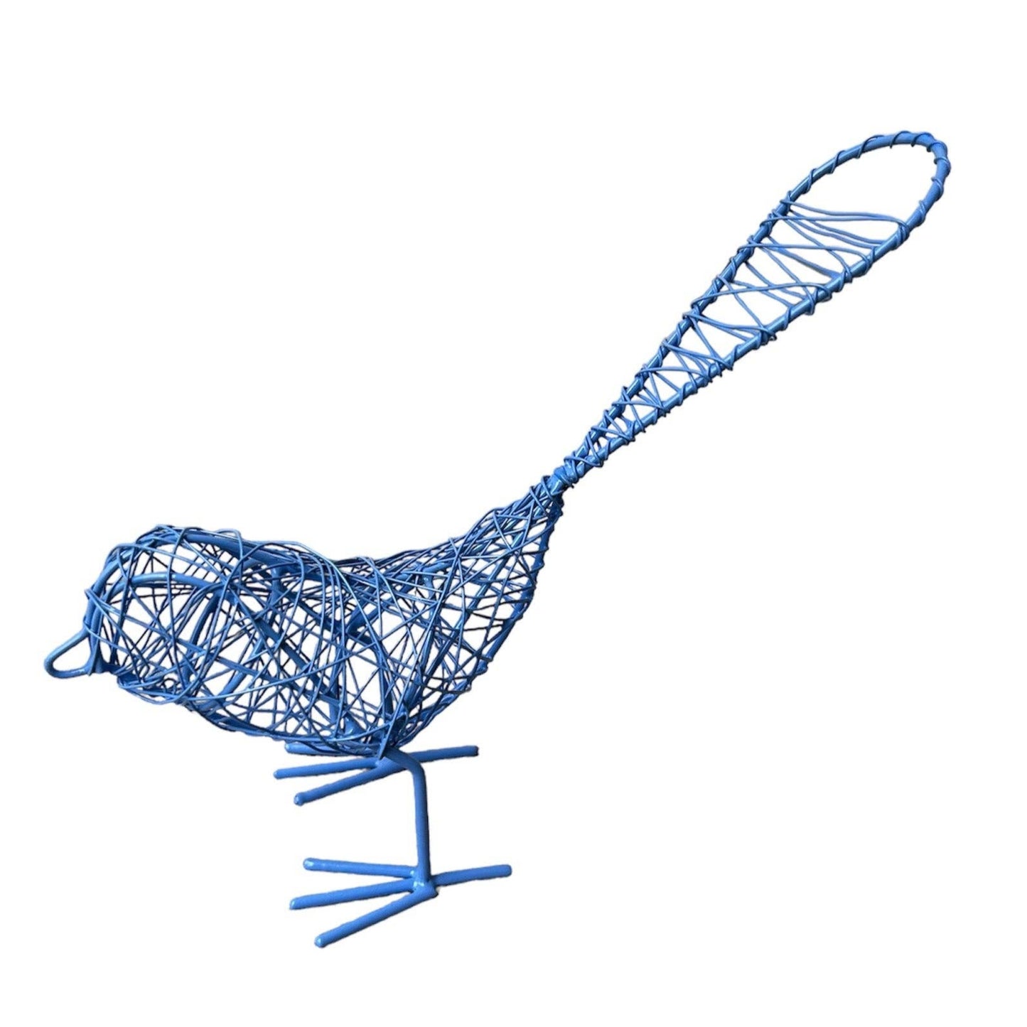Violet wire bird sculpture on a white background