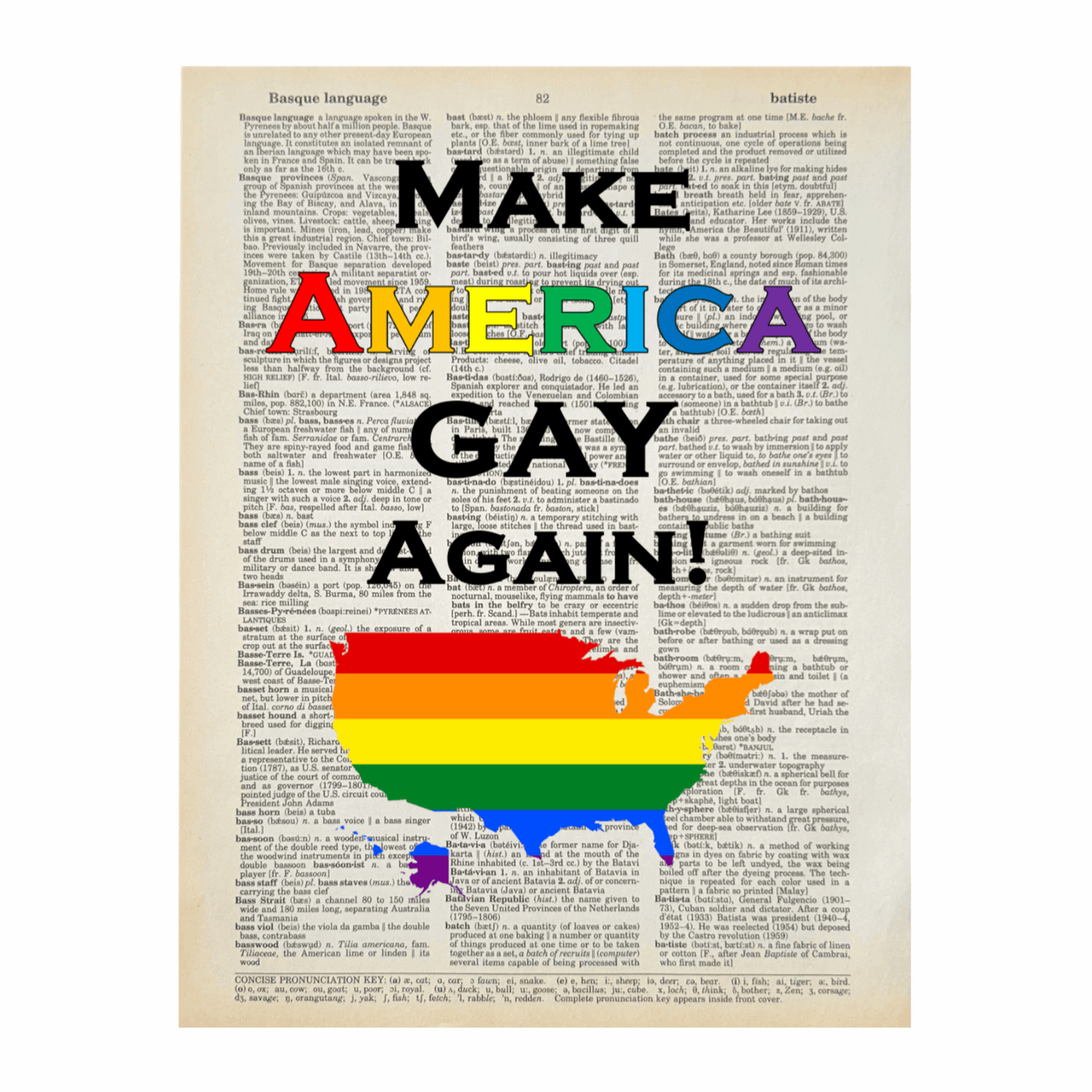 Poster with 'Make America Gay Again!' text and rainbow map of the United States on a dictionary page background.