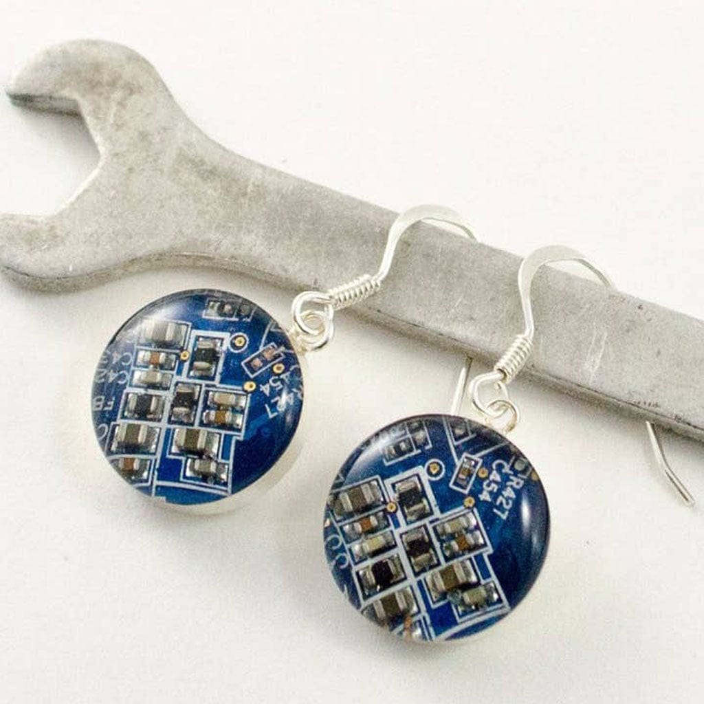 Circuit Board Charm SS Short Dangle Earrings