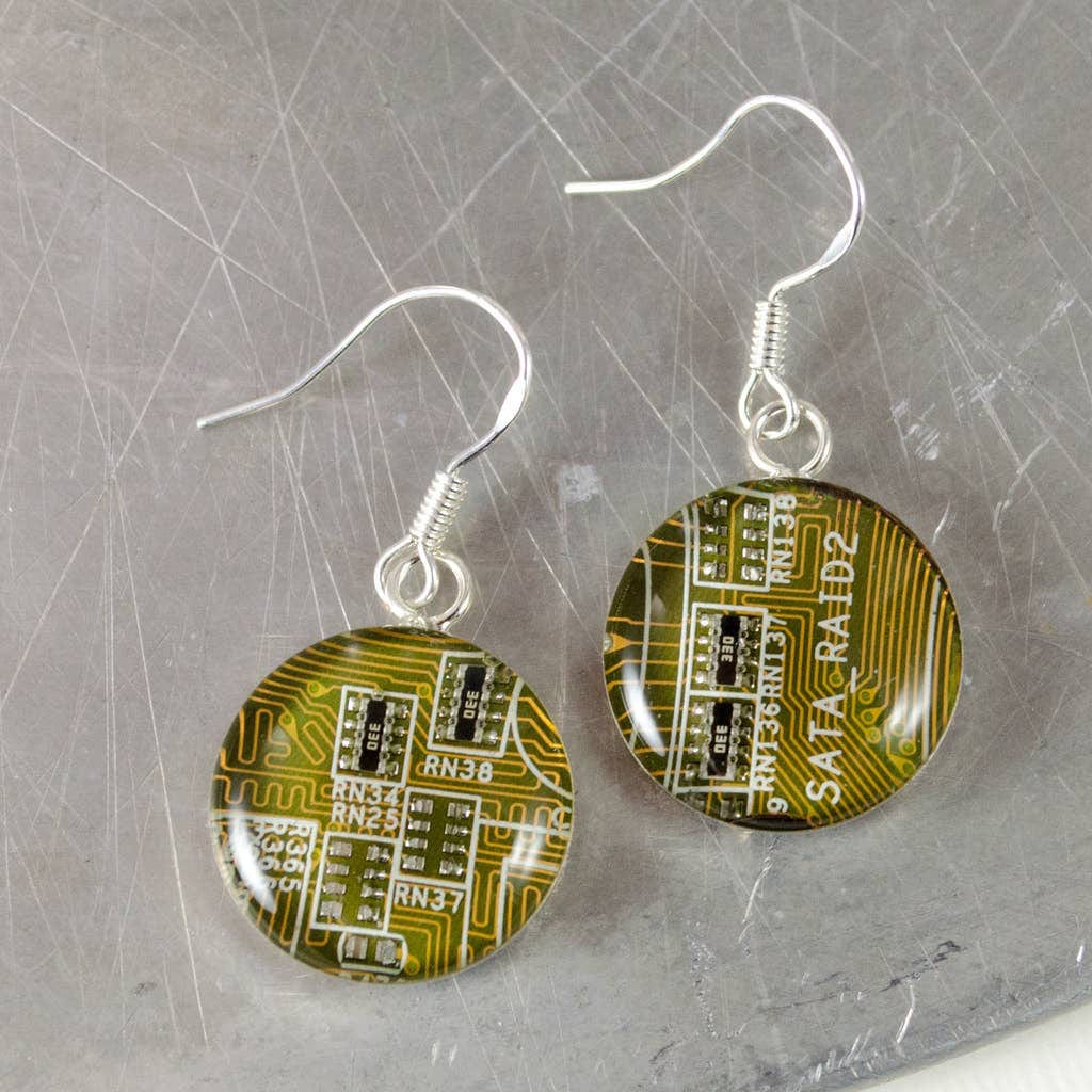 Circuit Board Charm SS Short Dangle Earrings