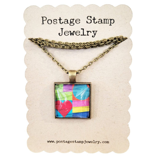 Postage Stamp Necklace - 2002 USA Multicolor Love