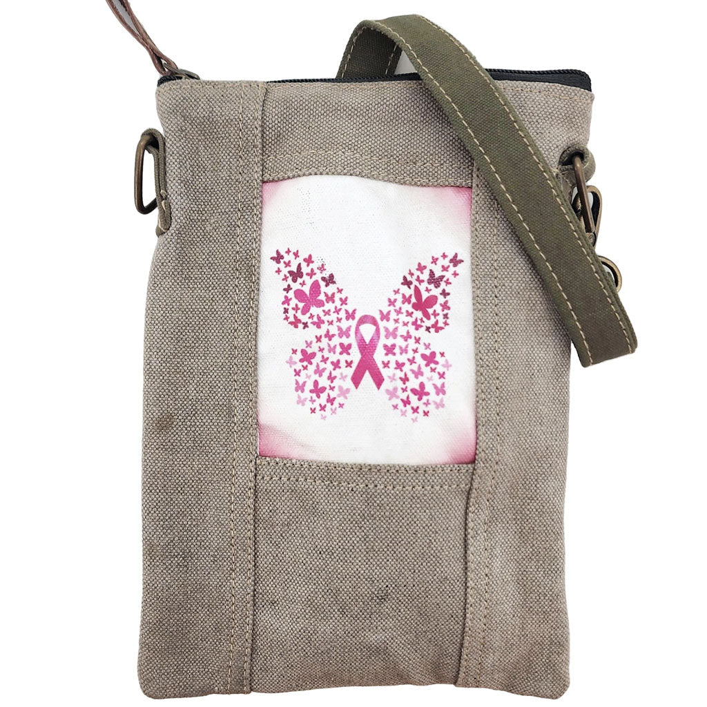 Military Tent Small Crossbody Bag - Pink Ribbon Butterfly
