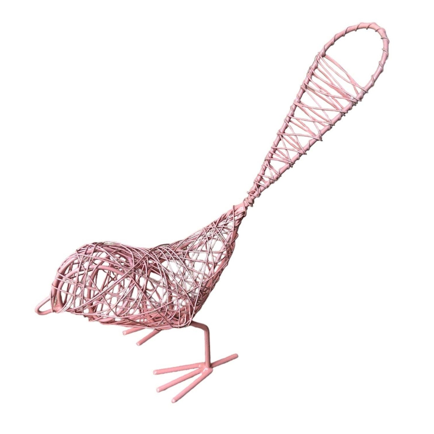 Pink wire bird sculpture on a white background