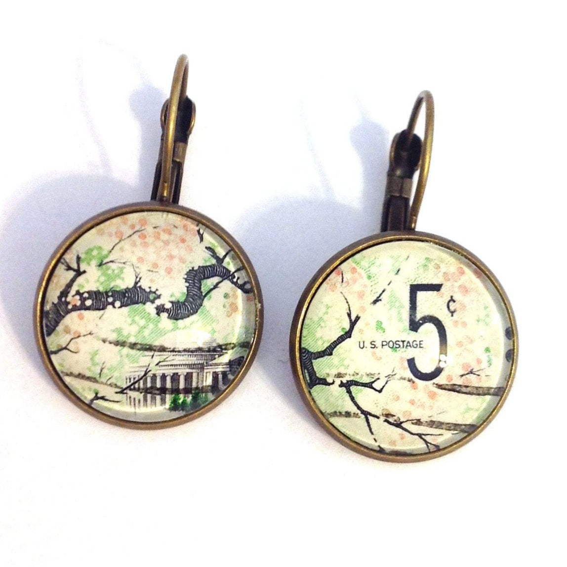 Postage Stamp Earrings - 1966 USA Cherry Blossom