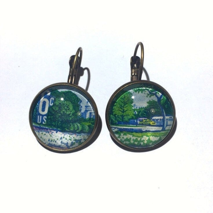Postage Stamp Earrings - 1969 USA Plant For More Beautiful Cities