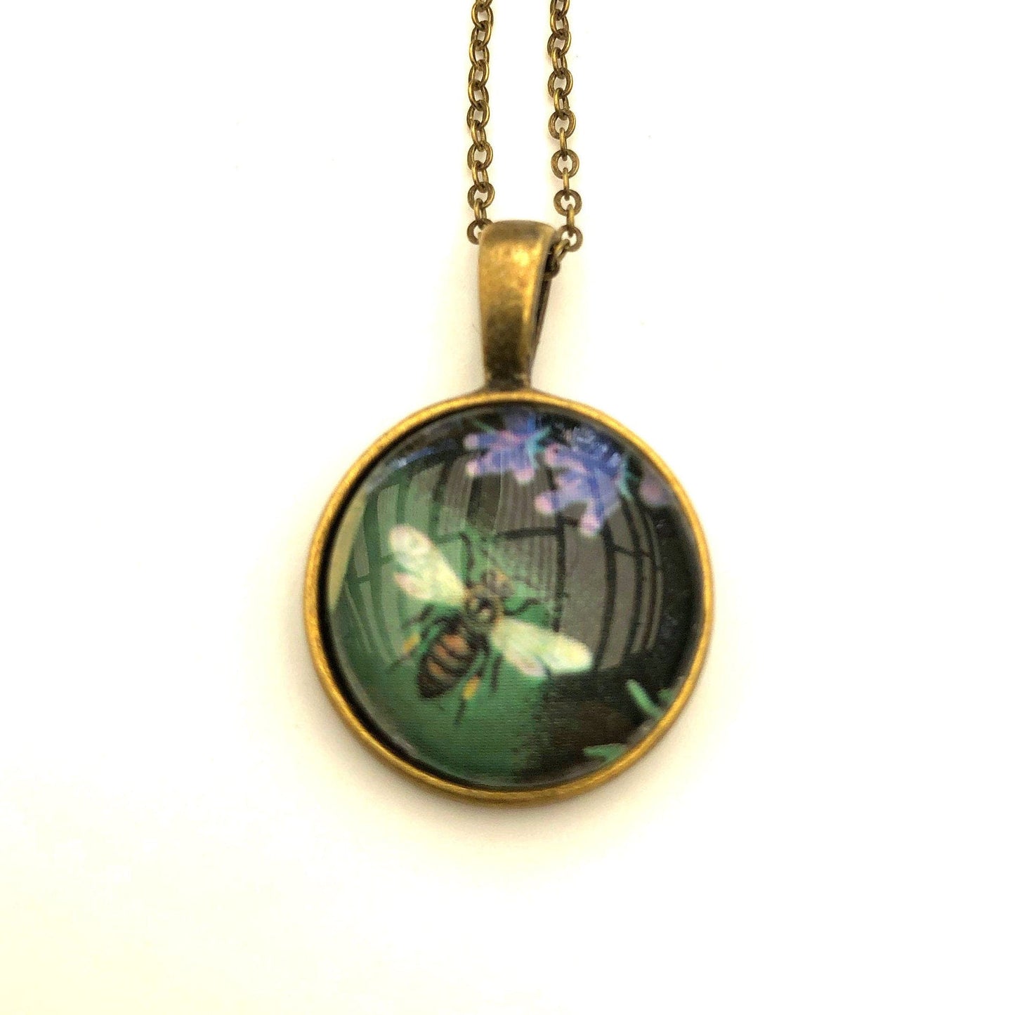 Postage Stamp Necklace - 1987 Bulgaria Green Bee