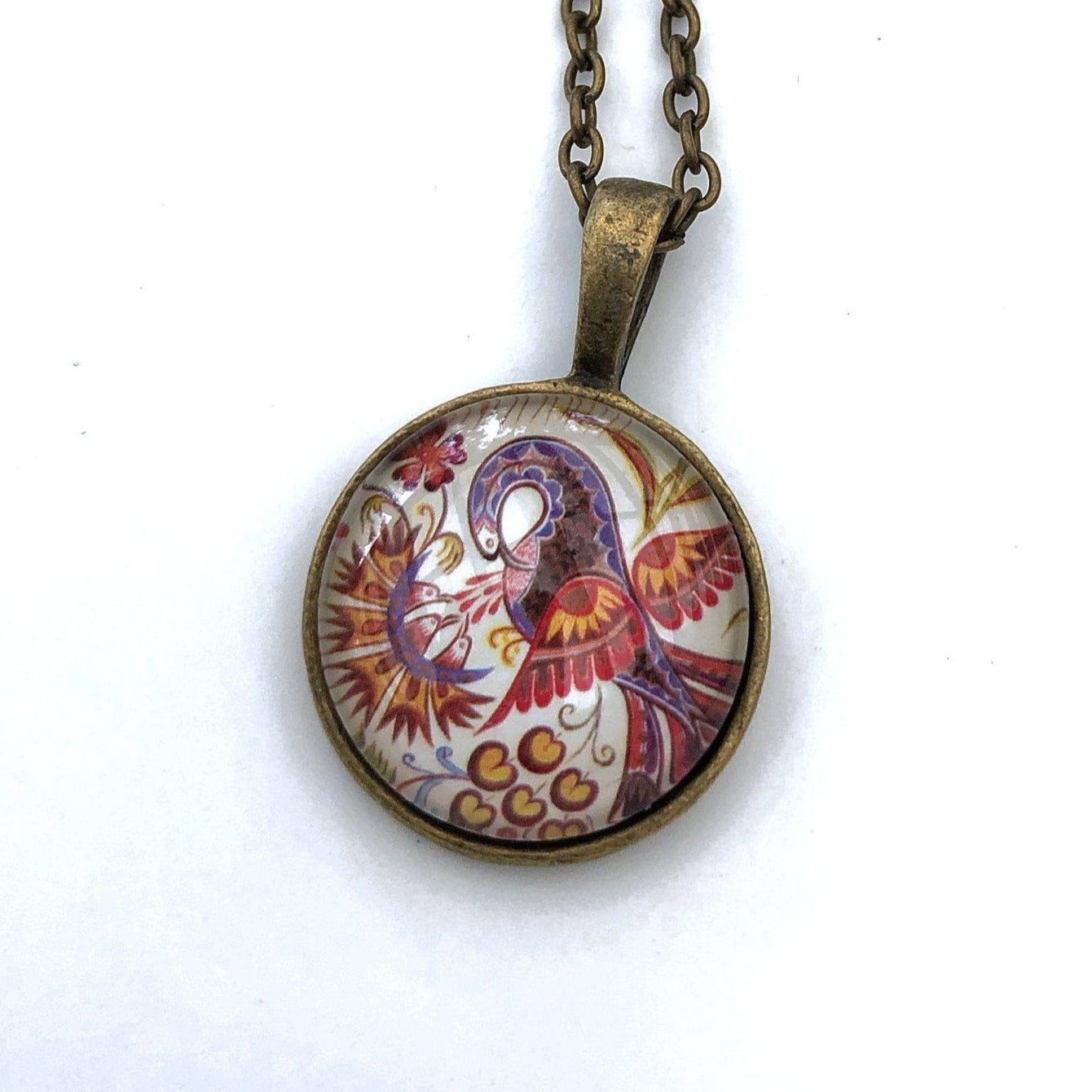 Postage Stamp Necklace - 2017 Slovakia Bird Folk Painting
