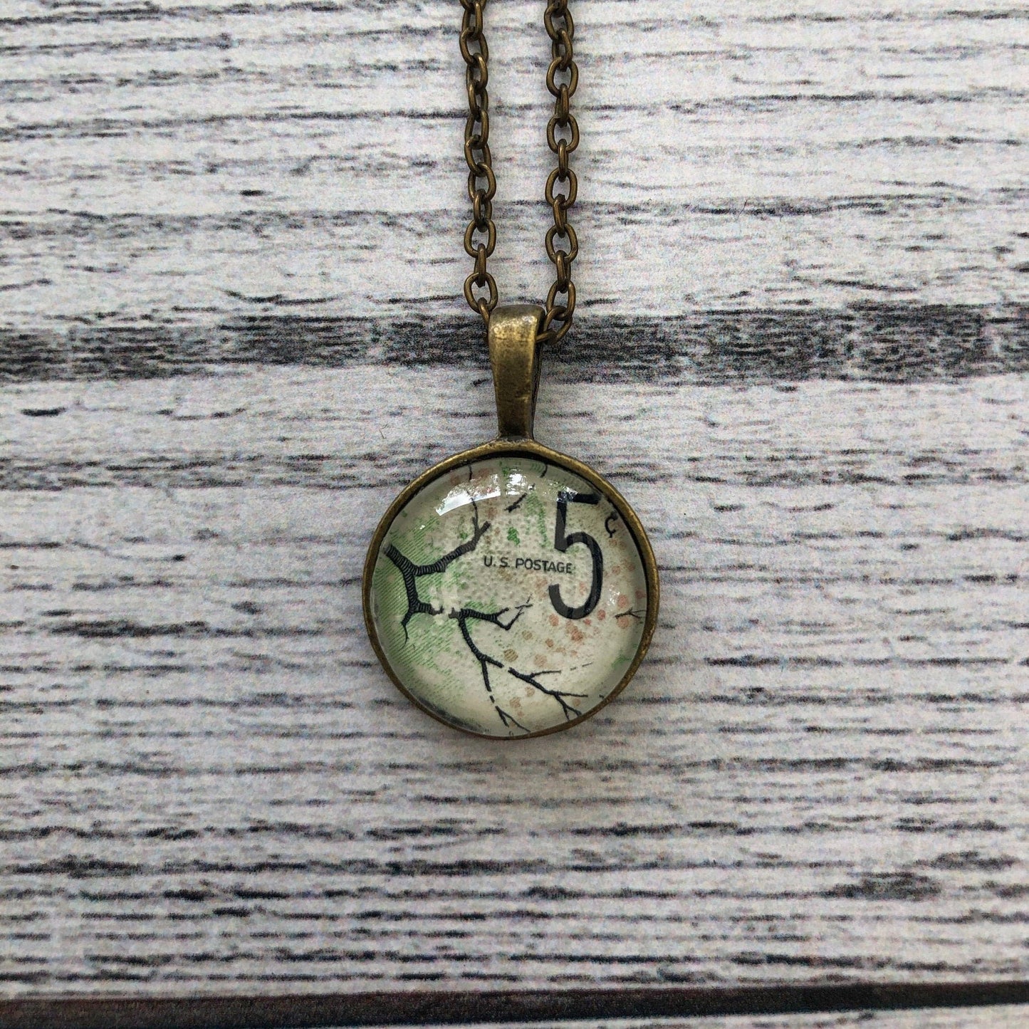 Postage Stamp Necklace - 1966 USA Cherry Blossoms