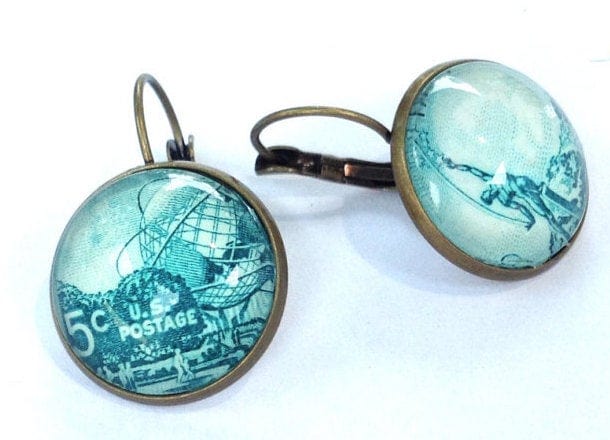 Postage Stamp Earrings - 1964 USA New York World's Fair