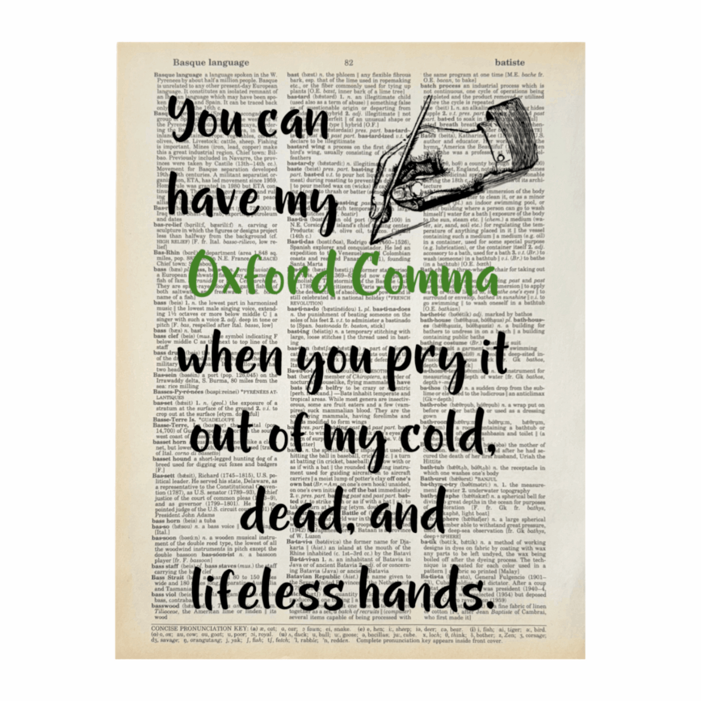 Dictionary page with humorous text about the Oxford comma, featuring a pen illustration.