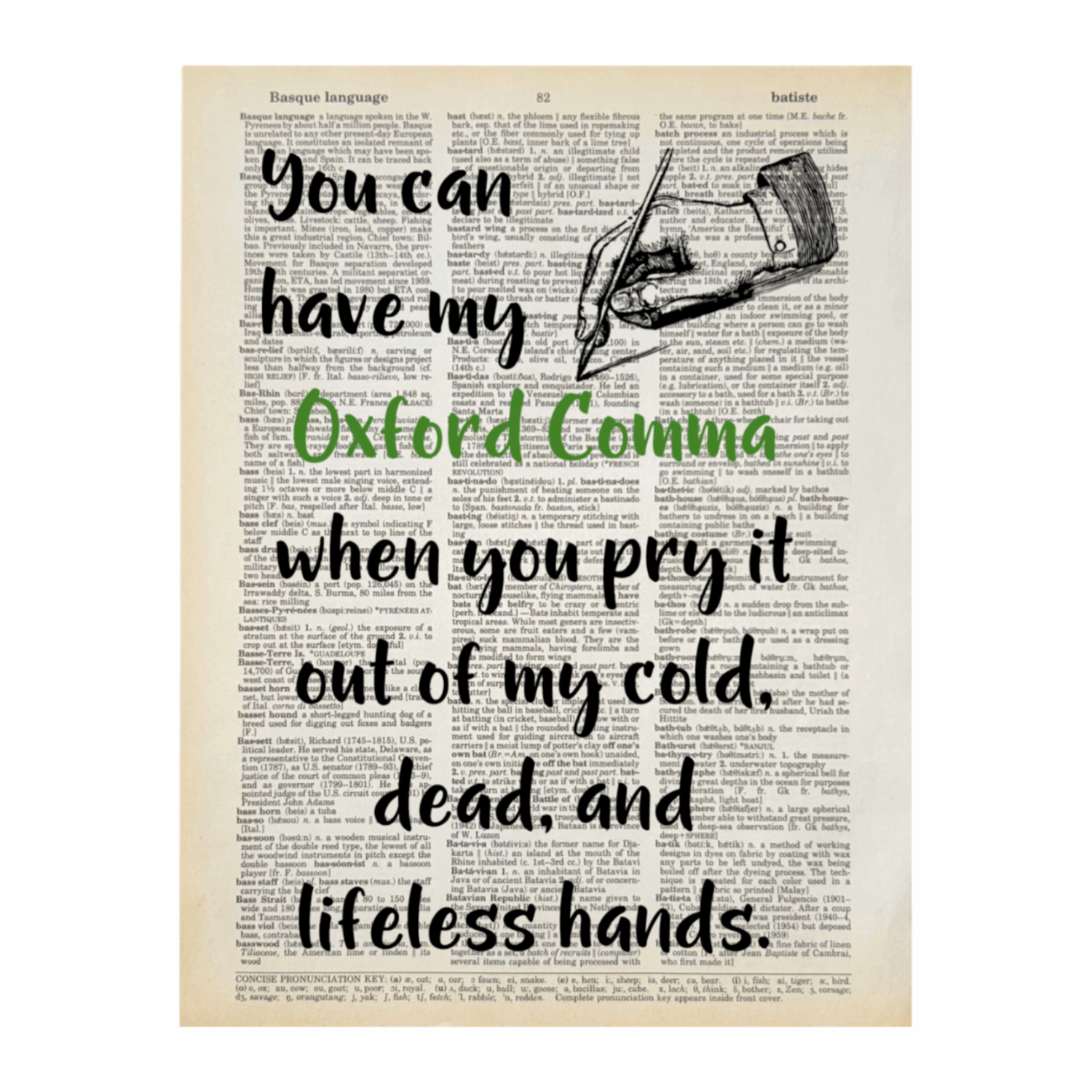 Dictionary page with humorous text about the Oxford comma, featuring a pen illustration.