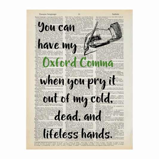 Dictionary page with humorous text about the Oxford comma, featuring a pen illustration.
