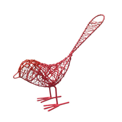 Rust-colored wire bird sculpture on a white background