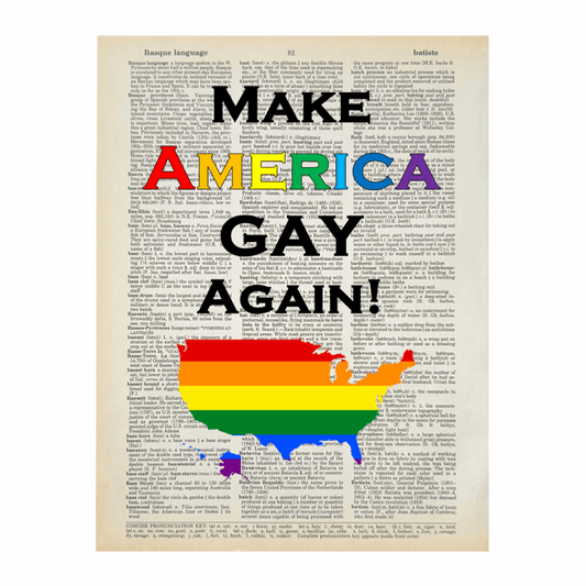 Poster with 'Make America Gay Again!' text and rainbow map of the United States on a dictionary page background.