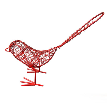 Red wire bird sculpture on a white background