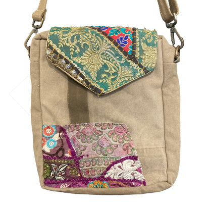 Military Tent Crossbody Bag with Vintage Fabric Trim