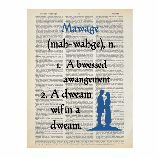 Dictionary page with the word 'Mawage' and its definition, featuring a blue silhouette of a couple.
