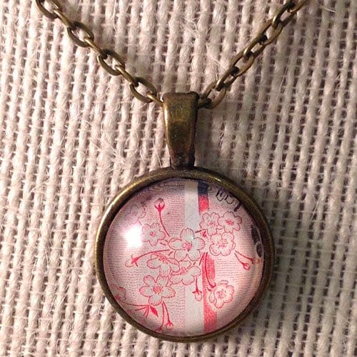 Postage Stamp Necklace - 1960 USA Cherry Blossom